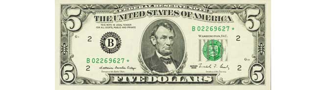 1988 $5 Dollar Bill Star