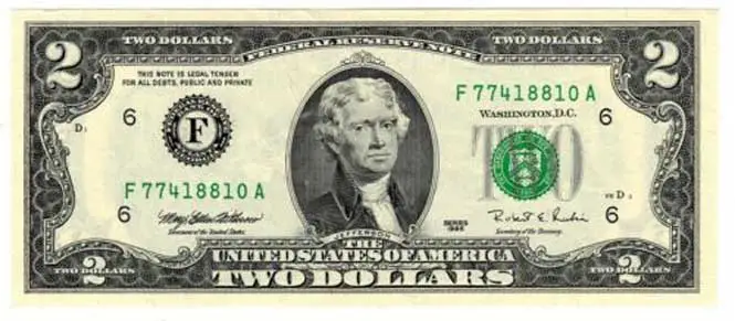 1995 2 Dollar Bill Front