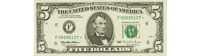 1995 $5 Dollar Bill