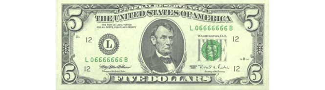 1995 $5 Dollar Bill Obverse
